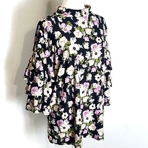 Touch Me Floral Mock Turtleneck Blouse with Layers on Sleeves, Size 3X